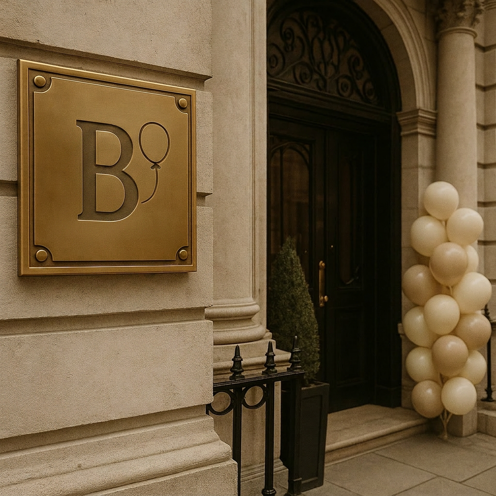 A polished brass plaque bearing the Balloonology® 'B' mark, mounted beside a grand hotel doorway with cream balloons standing quietly to the side.
