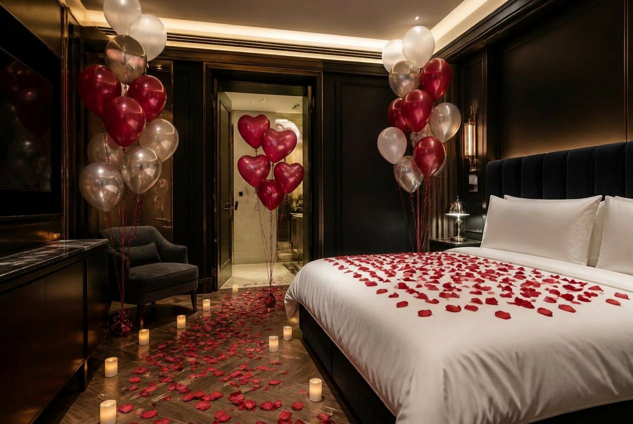 Hotel suite styled in the red Sempertex Reflex palette with helium ceiling balloons, rose petals and LED tea lights.