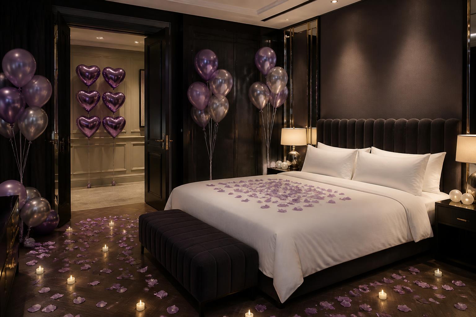 Hotel suite styled in the purple Sempertex Reflex palette with helium ceiling balloons, rose petals and LED tea lights.