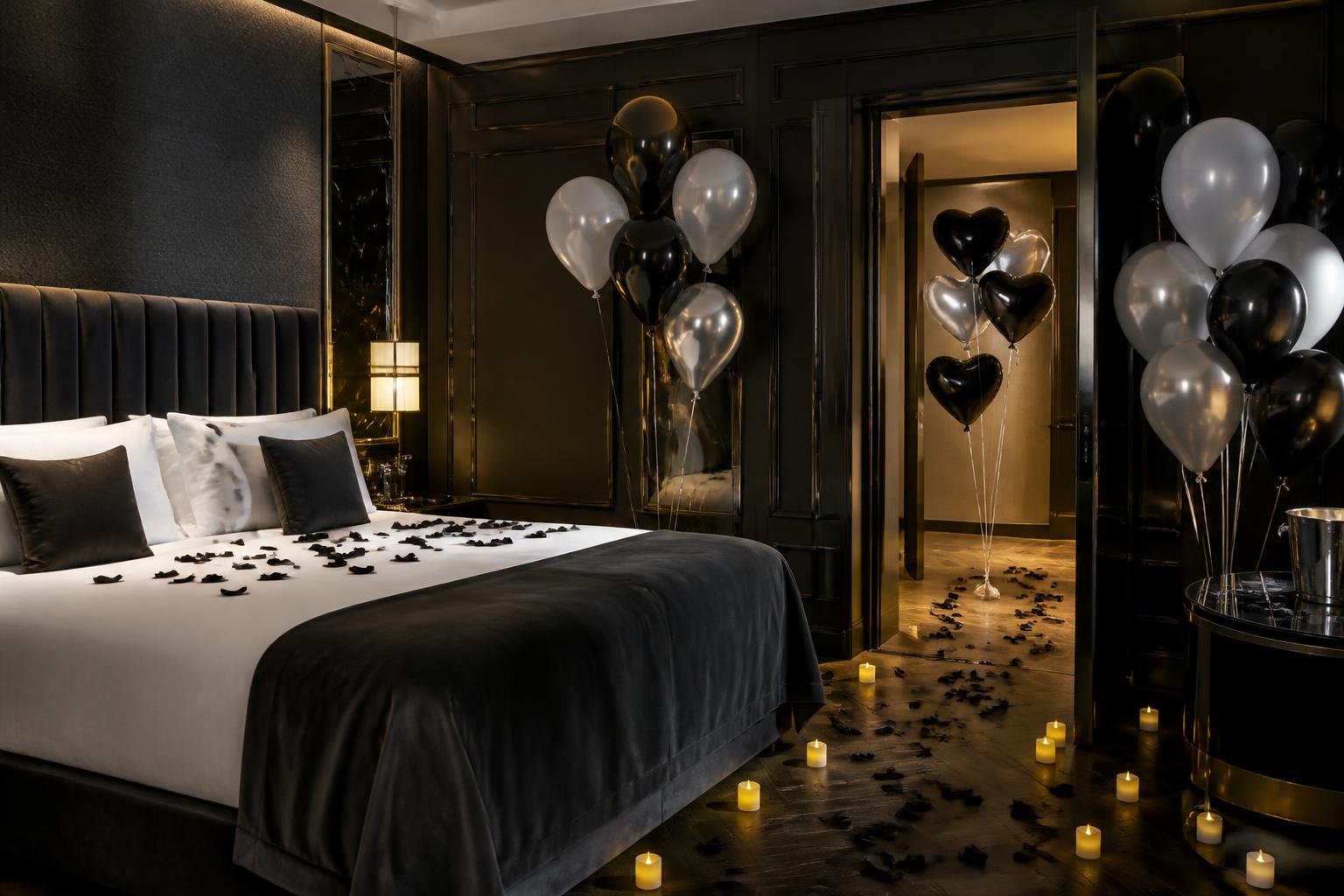 Hotel suite styled in the black Sempertex Reflex palette with helium ceiling balloons, rose petals and LED tea lights.