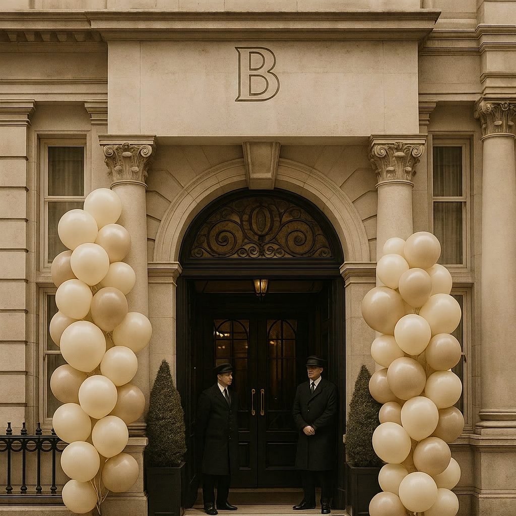 The entrance of a grand London hotel photographed at dusk.