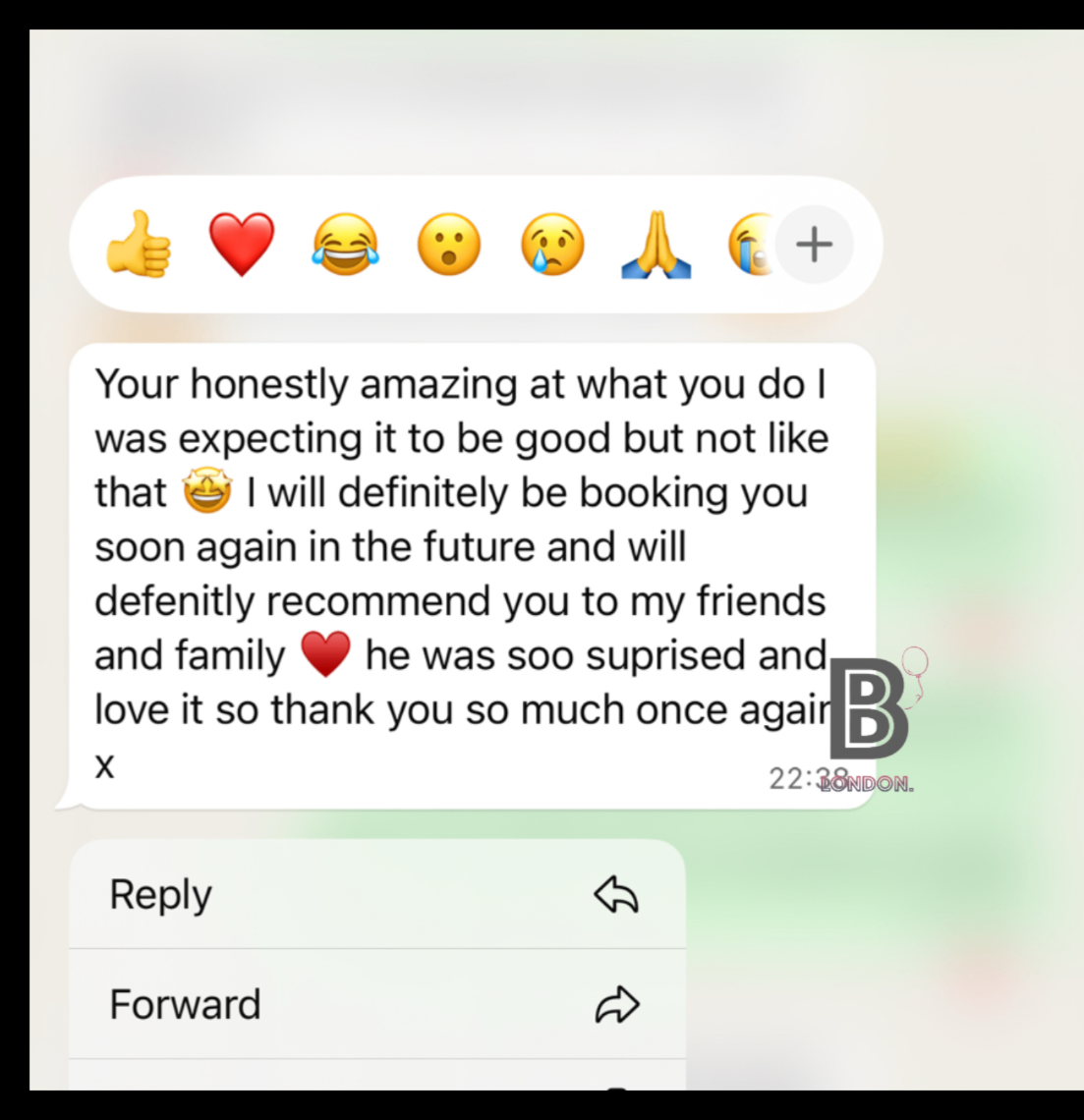Thank-you message from Jonathan following a celebration at The Londoner — Standard Room