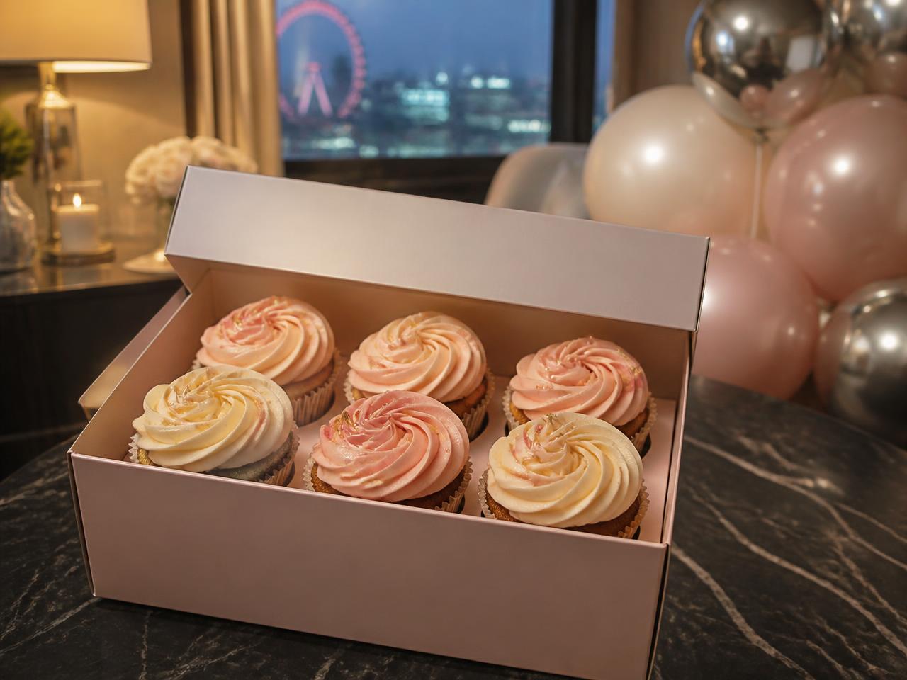 Celebration Cupcakes styled inside a hotel room celebration