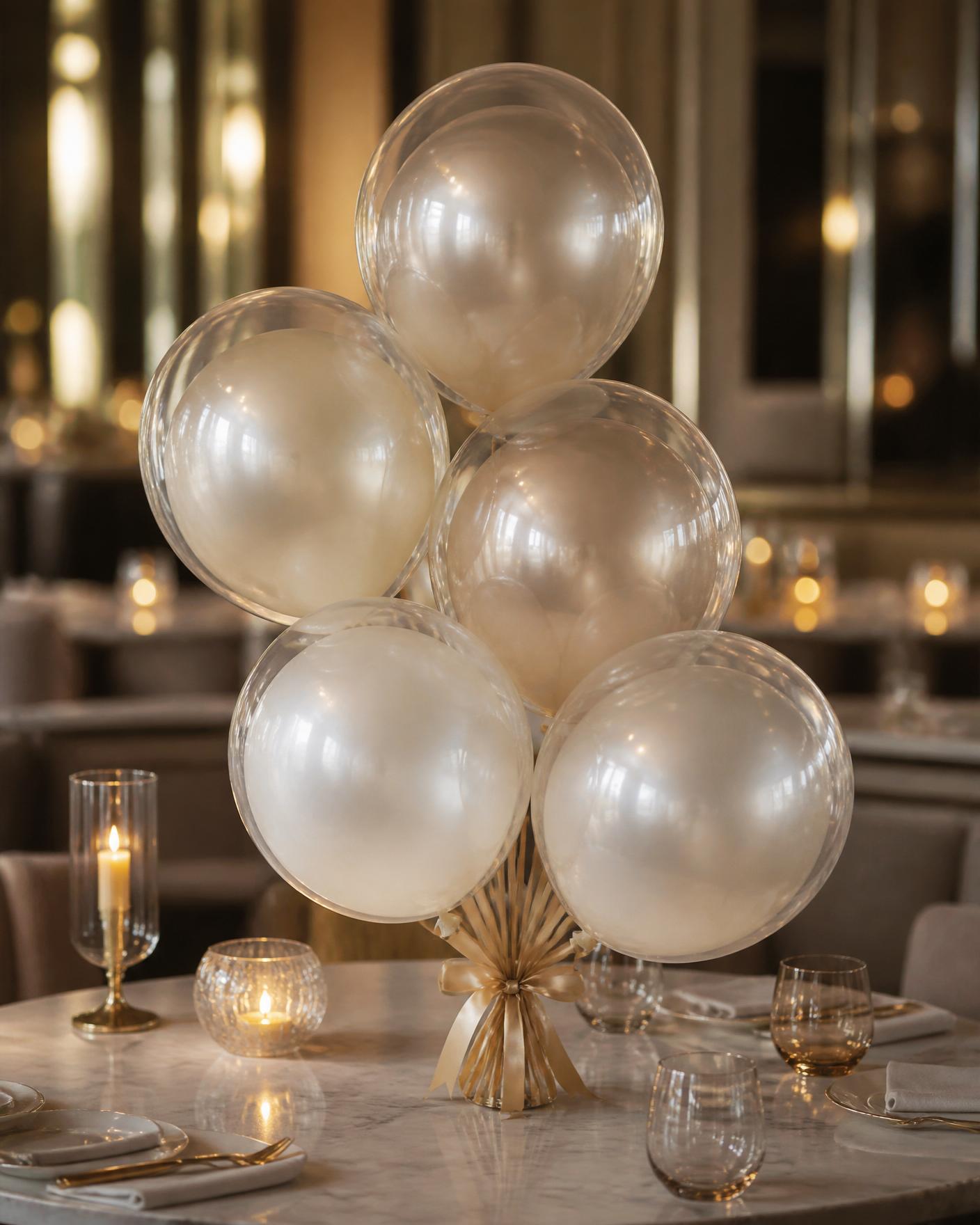 A personalised luxury BOBO balloon centrepiece on a styled table